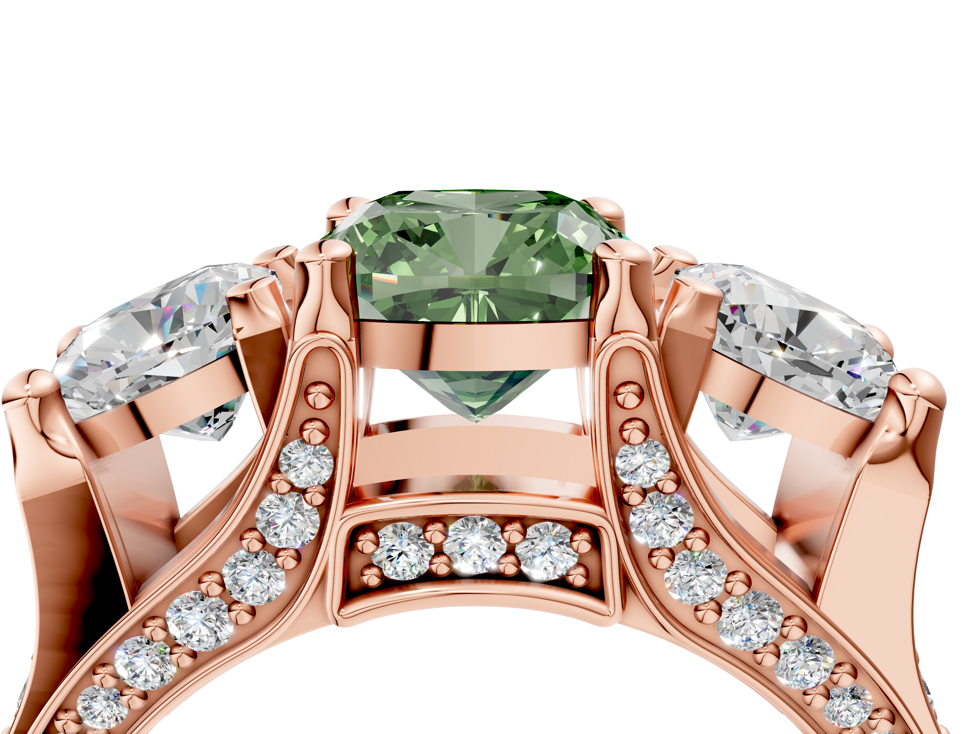 Rose gold Three-Stone Fancy Green Cushion  Cut Diamond Ring with Channel-Set Band and Four-Prong Setting_39