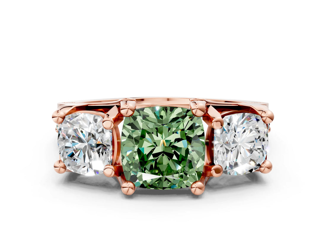 Rose gold Three-Stone Fancy Green Cushion  Cut Diamond Ring with Channel-Set Band and Four-Prong Setting_51