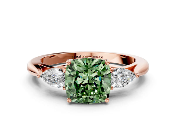 Rose gold Three-Stone Fancy Green Cushion Cut Diamond Ring with Pear  Side Stones in Four-Prong Setting