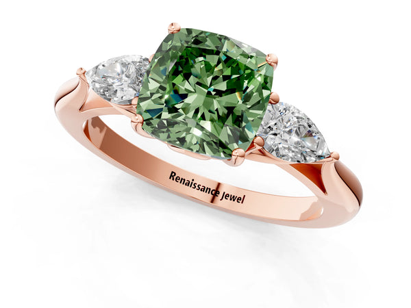 Rose gold Three-Stone Fancy Green Cushion Cut Diamond Ring with Pear  Side Stones in Four-Prong Setting