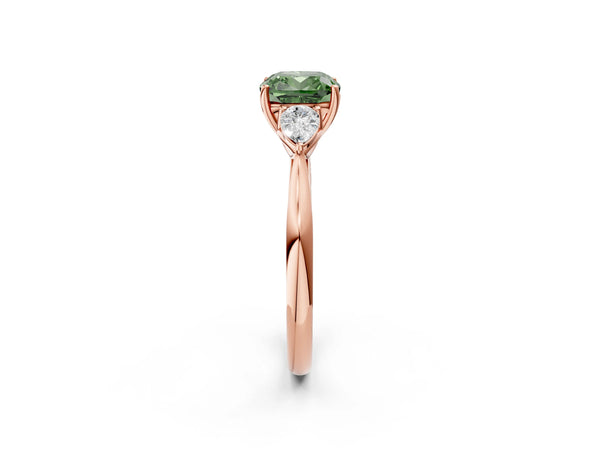 Rose gold Three-Stone Fancy Green Cushion Cut Diamond Ring with Pear  Side Stones in Four-Prong Setting