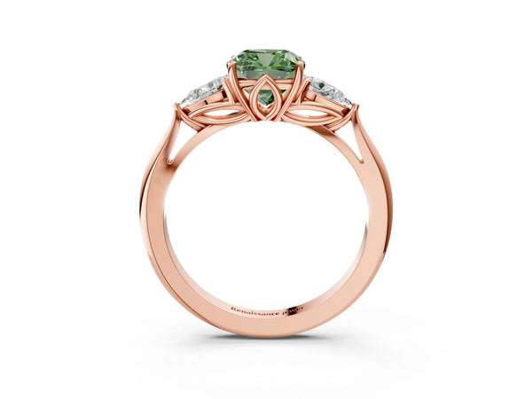 Rose gold Three-Stone Fancy Green Cushion Cut Diamond Ring with Pear  Side Stones in Four-Prong Setting