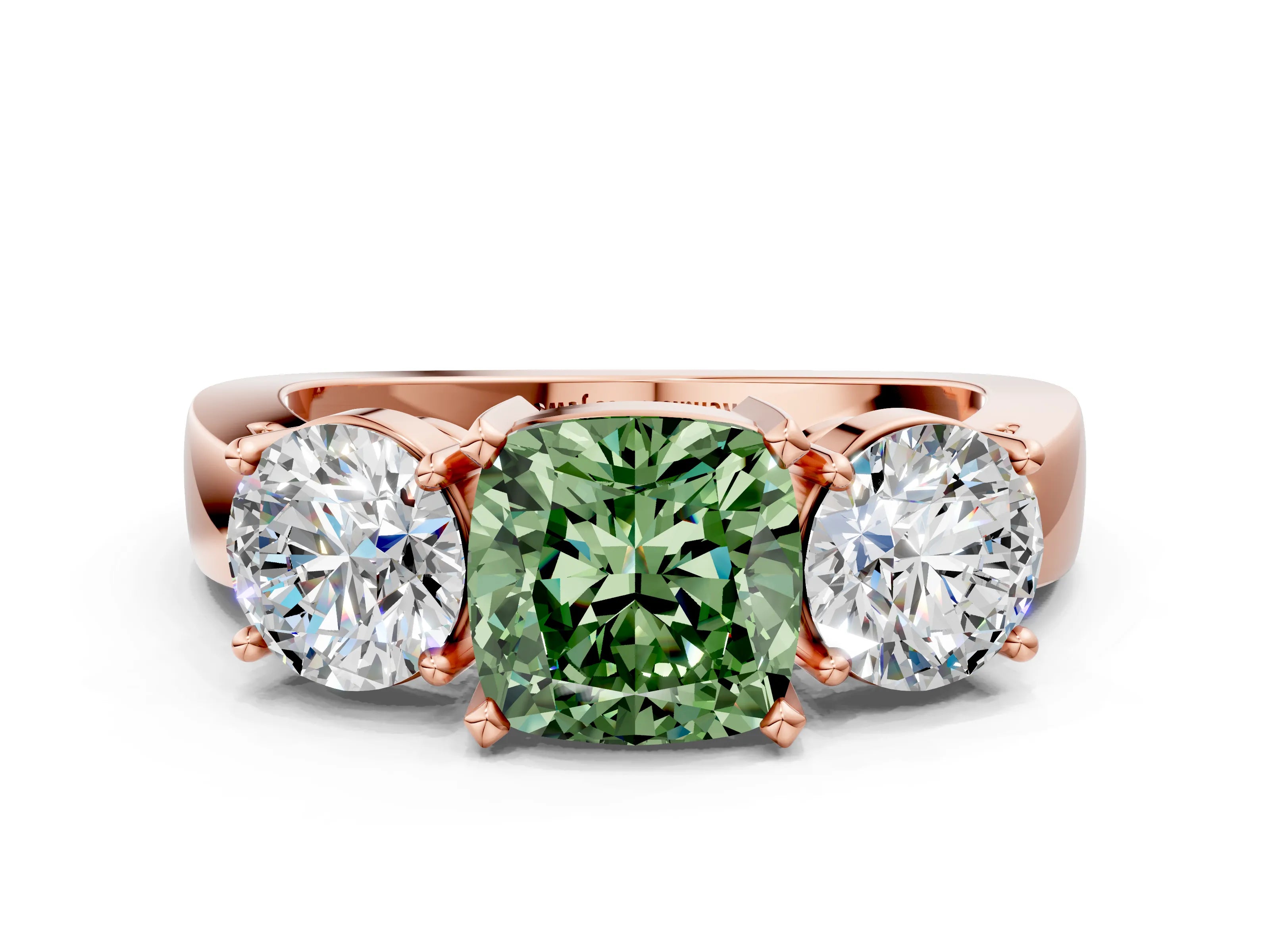 Rose gold Three-Stone Fancy Green Cushion Cut Diamond Ring with Round Side Stones, Classic Band, and Four-Prong Setting