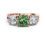 Rose gold Three-Stone Fancy Green Cushion Cut Diamond Ring with Round Side Stones, Classic Band, and Four-Prong Setting