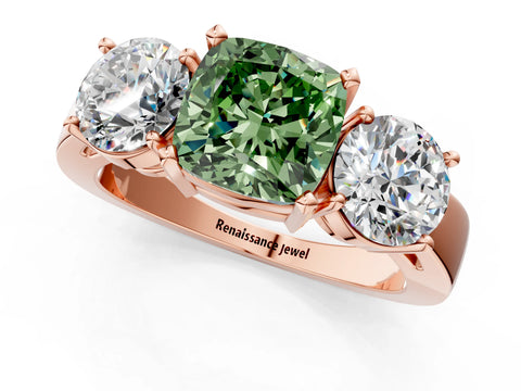 Rose gold Three-Stone Fancy Green Cushion Cut Diamond Ring with Round Side Stones, Classic Band, and Four-Prong Setting_1