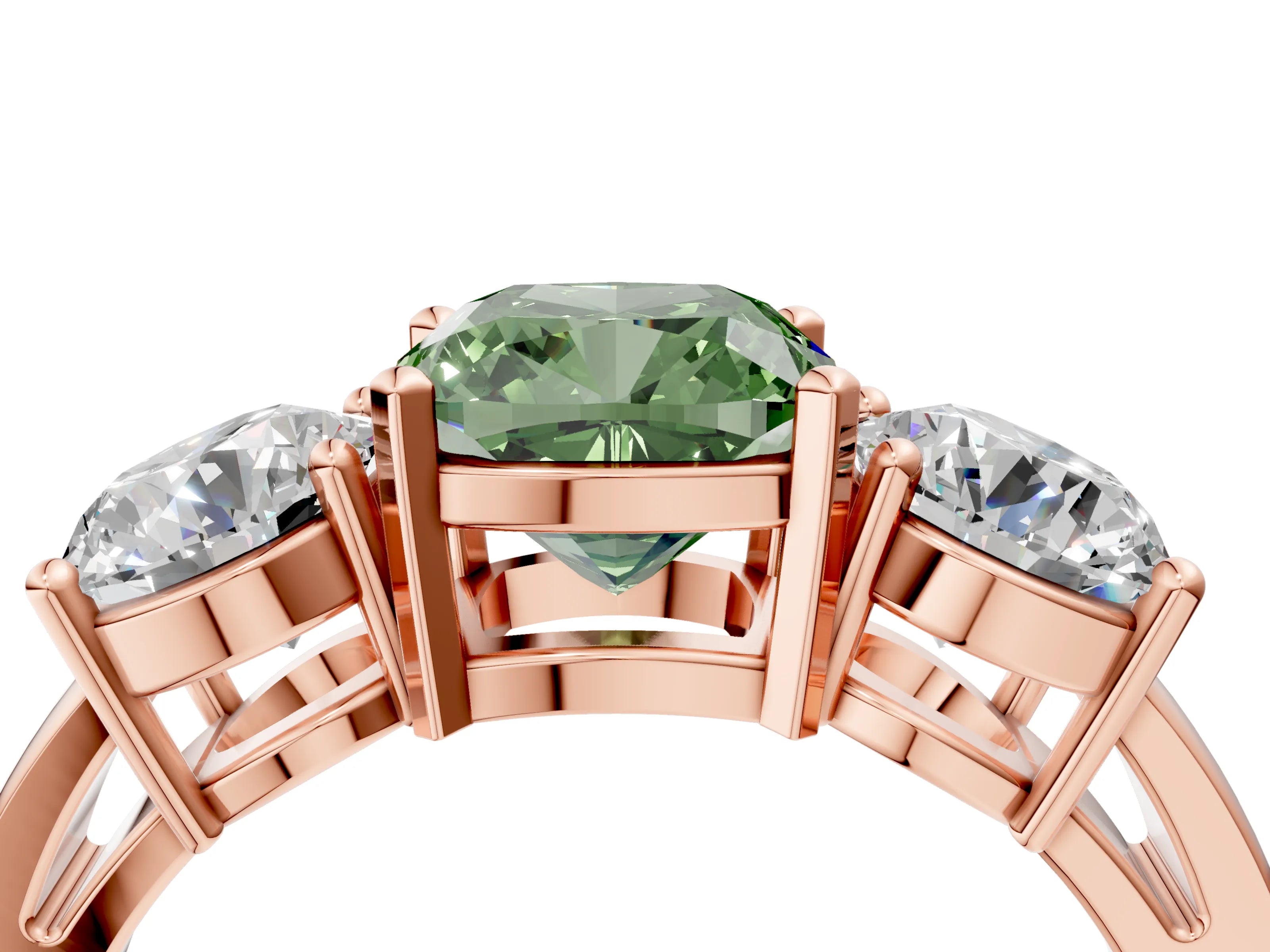 Rose gold Three-Stone Fancy Green Cushion Cut Diamond Ring with Round Side Stones, Classic Band, and Four-Prong Setting_4