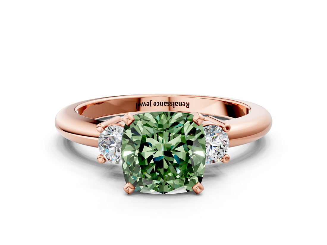 Rose gold Three-Stone Fancy Green Cushion  Cut Diamond Solitaire with Prong Setting and Classic Band_46