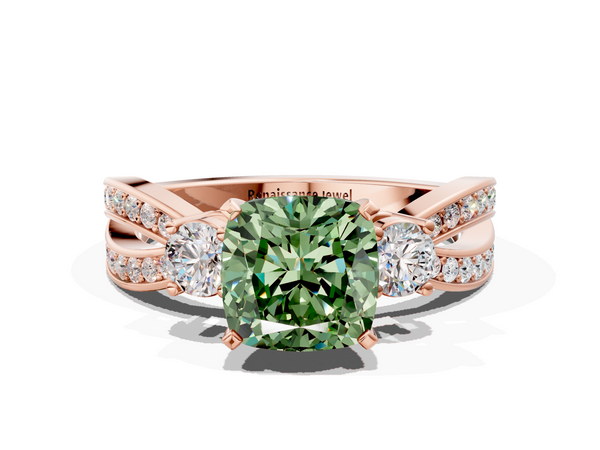 Rose gold Three-Stone Fancy Green Cushion  Cut Diamond Twist Band with Prong Setting