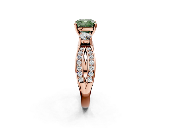 Rose gold Three-Stone Fancy Green Cushion  Cut Diamond Twist Band with Prong Setting