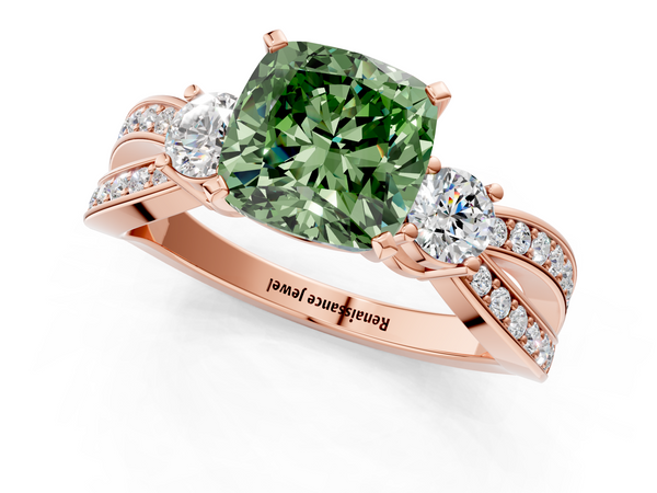 Rose gold Three-Stone Fancy Green Cushion  Cut Diamond Twist Band with Prong Setting