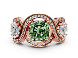 Rose gold Three-Stone Fancy Green Cushion Cut Diamond Wave Pave Band with Prong Setting