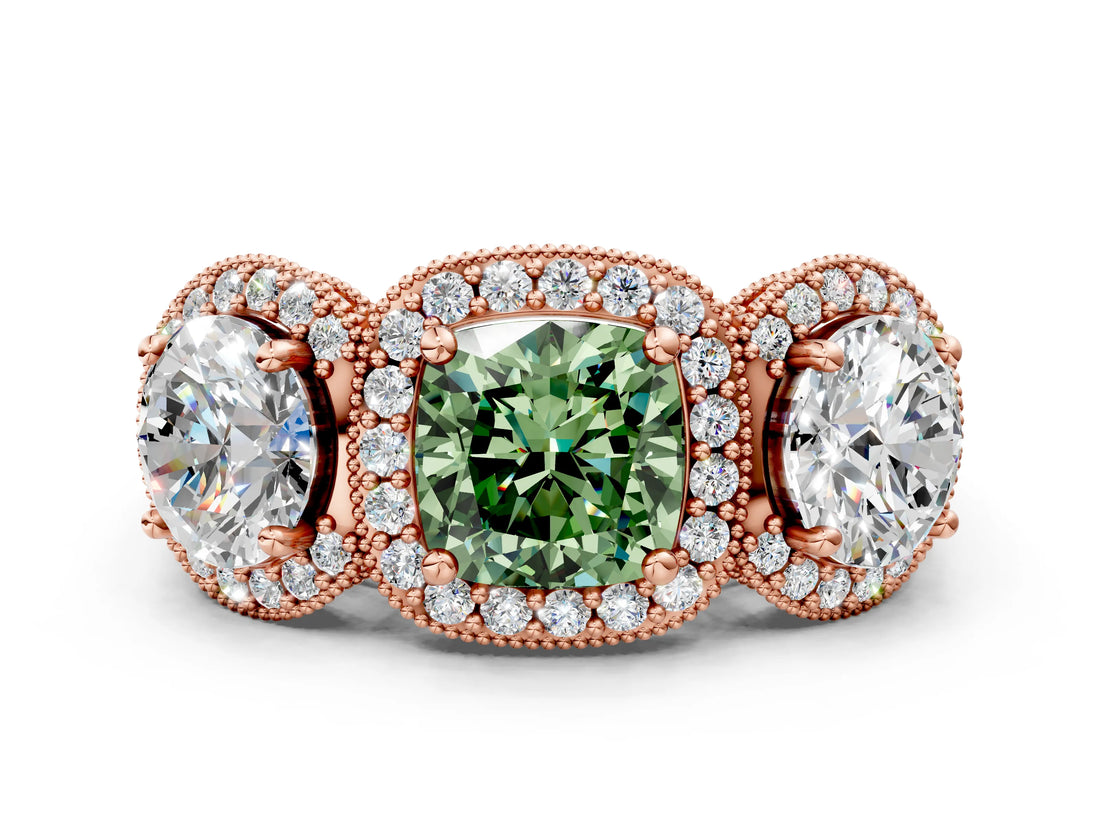 Rose gold Three-Stone Fancy Green Cushion Cut Halo Diamond Milgrain Band with Four-Prong Setting