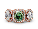 Rose gold Three-Stone Fancy Green Cushion Cut Halo Diamond Milgrain Band with Four-Prong Setting