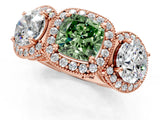 Rose gold Three-Stone Fancy Green Cushion Cut Halo Diamond Milgrain Band with Four-Prong Setting_1