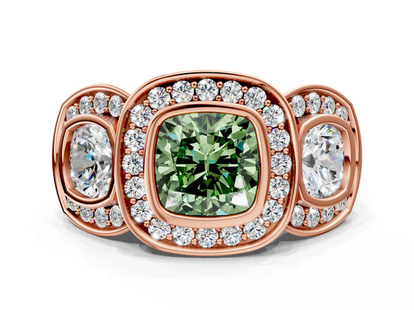 Rose gold Three-Stone Fancy Green Cushion Cut Halo Pavé Diamond Ring