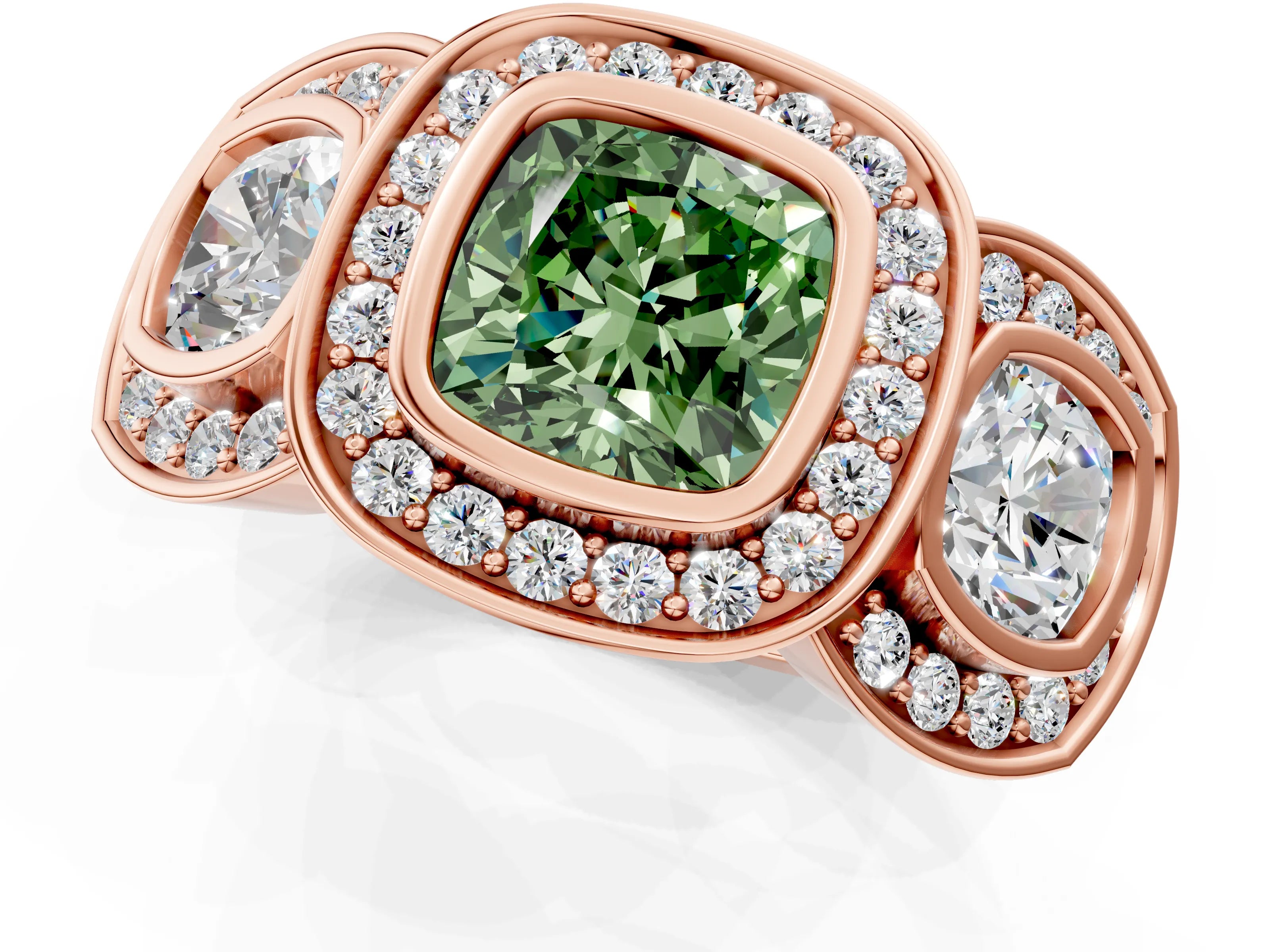 Rose gold Three-Stone Fancy Green Cushion Cut Halo Pavé Diamond Ring_1