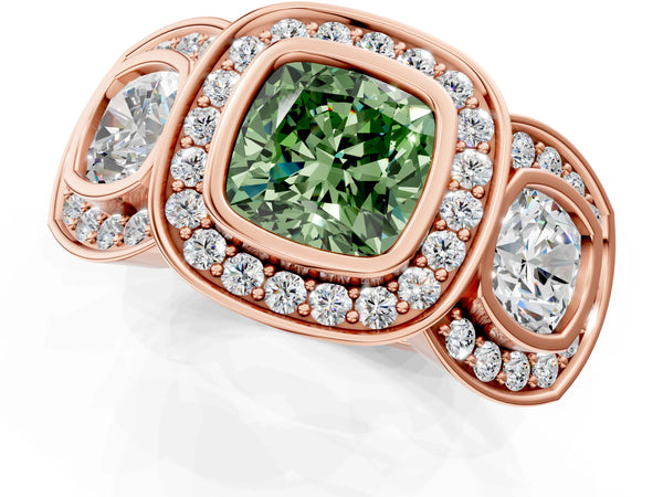 Rose gold Three-Stone Fancy Green Cushion Cut Halo Pavé Diamond Ring