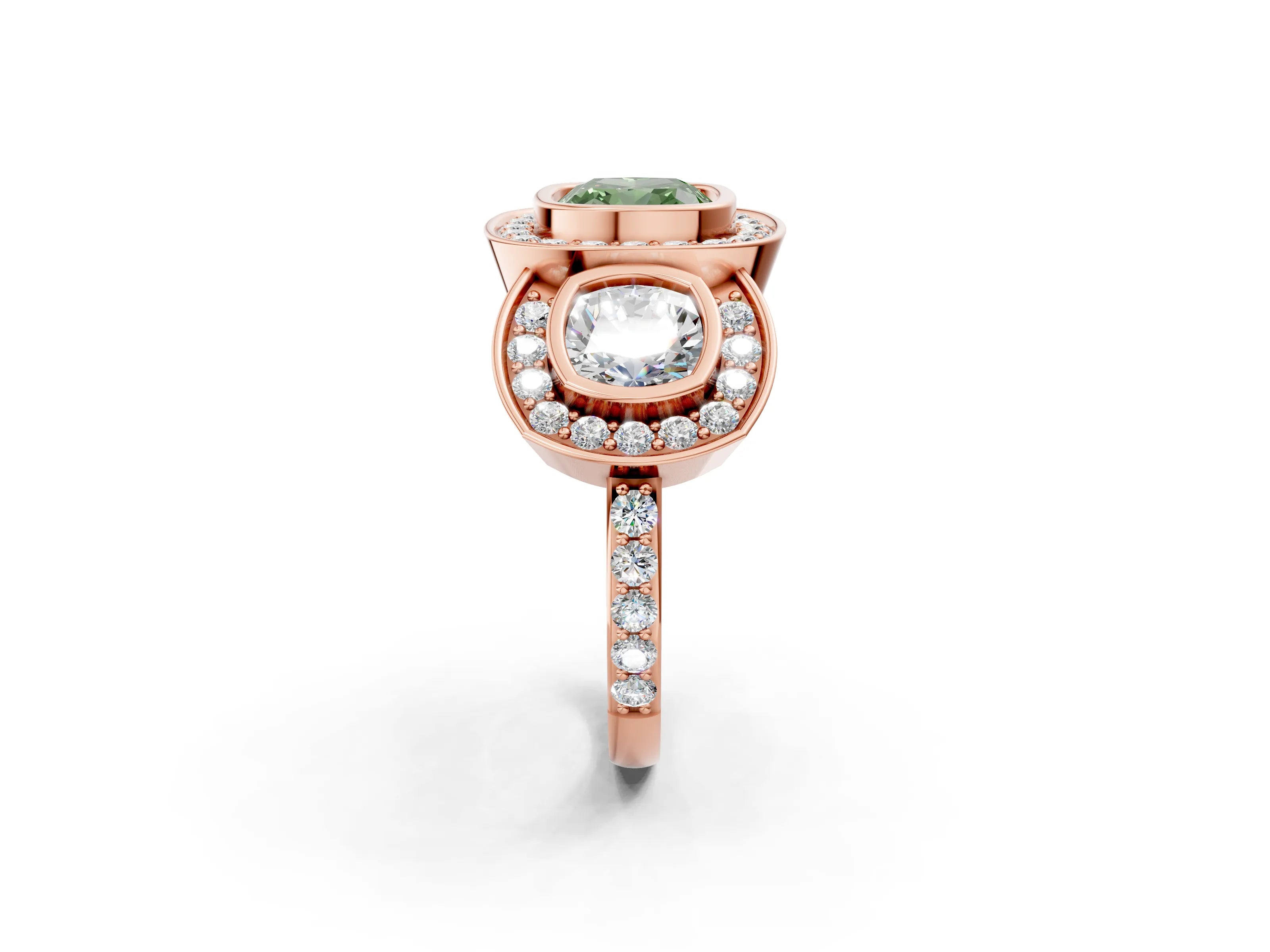 Rose gold Three-Stone Fancy Green Cushion Cut Halo Pavé Diamond Ring_2