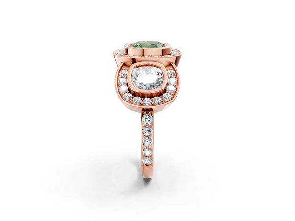 Rose gold Three-Stone Fancy Green Cushion Cut Halo Pavé Diamond Ring
