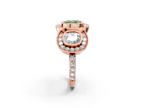 Rose gold Three-Stone Fancy Green Cushion Cut Halo Pavé Diamond Ring_2