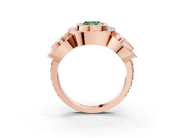 Rose gold Three-Stone Fancy Green Cushion Cut Halo Pavé Diamond Ring