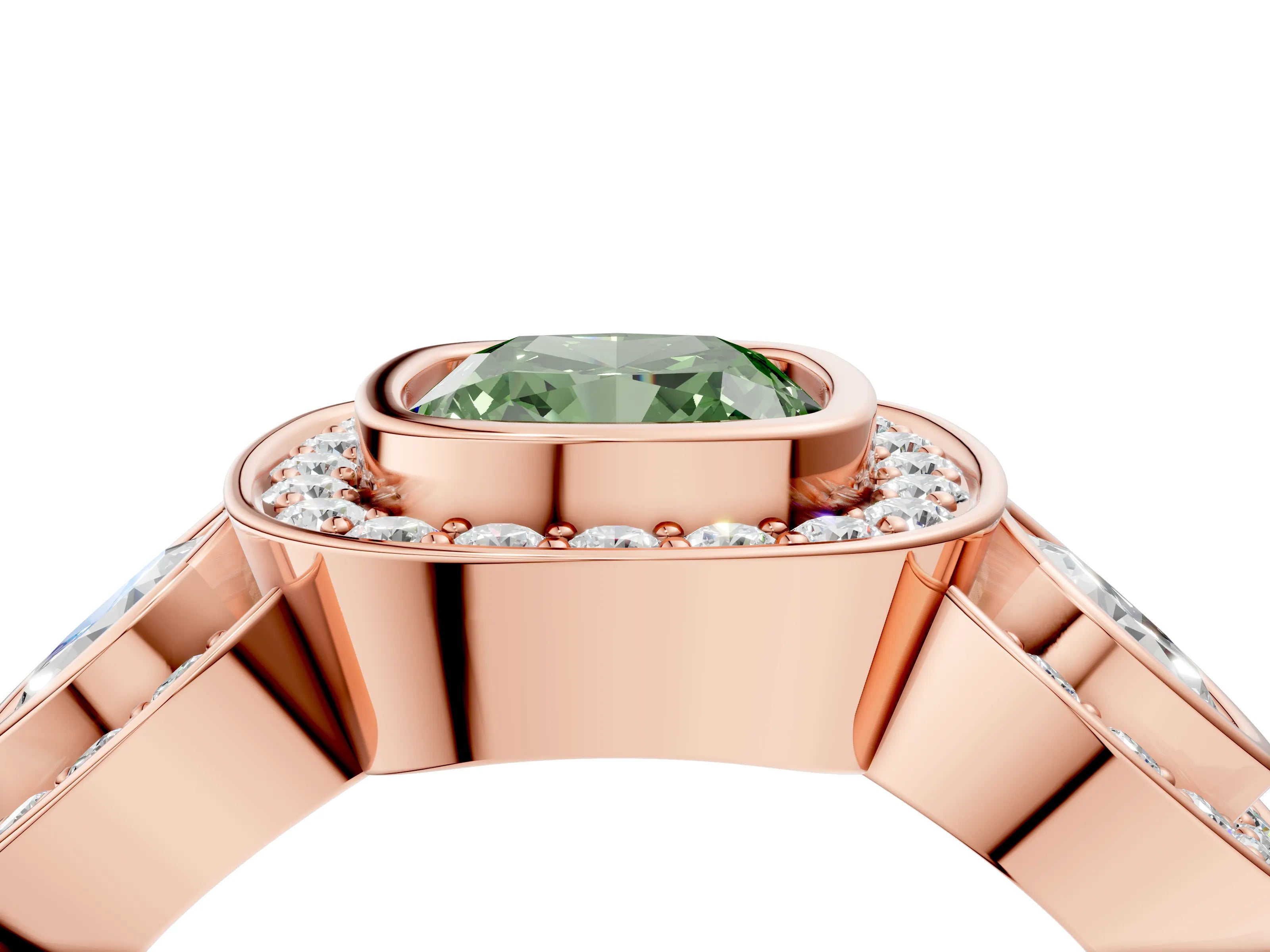 Rose gold Three-Stone Fancy Green Cushion Cut Halo Pavé Diamond Ring_4