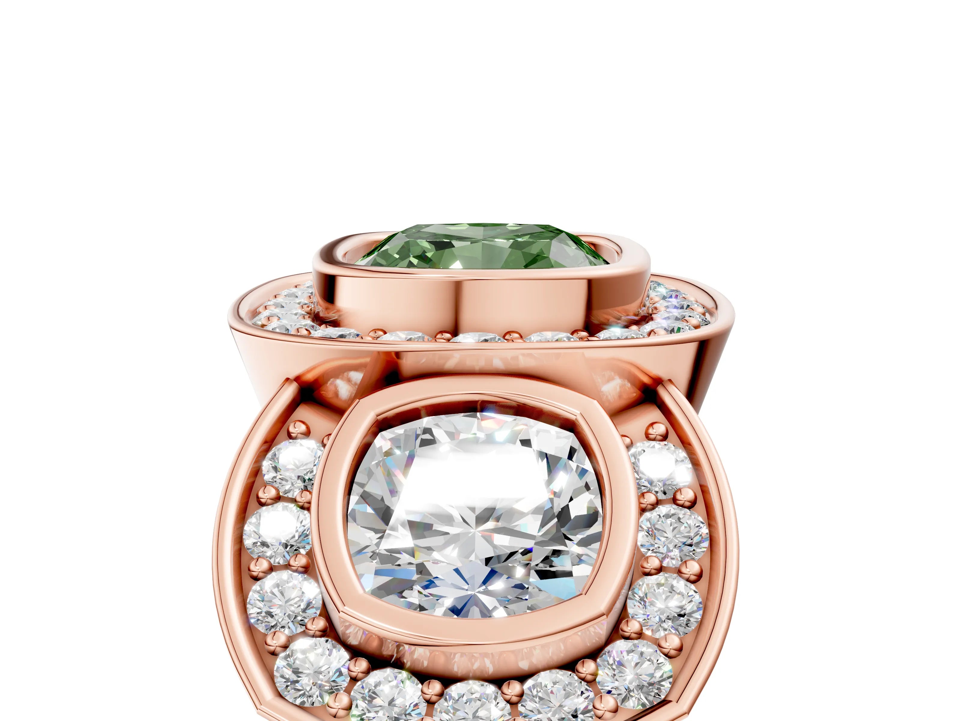 Rose gold Three-Stone Fancy Green Cushion Cut Halo Pavé Diamond Ring_5