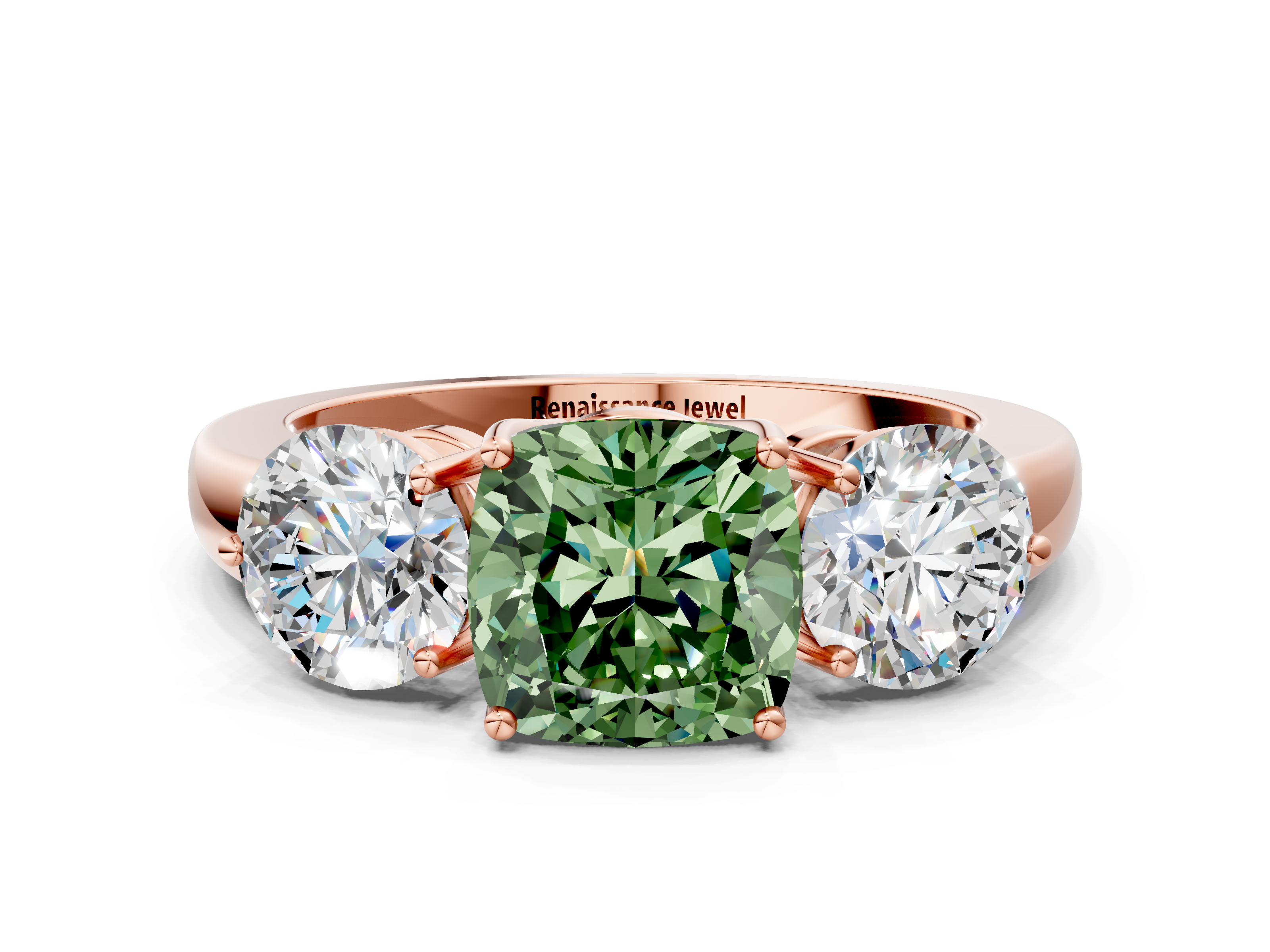 Rose gold Three-Stone Fancy Green Cushion  Cut Solitaire Ring with Prong Setting on a Classic Band_60