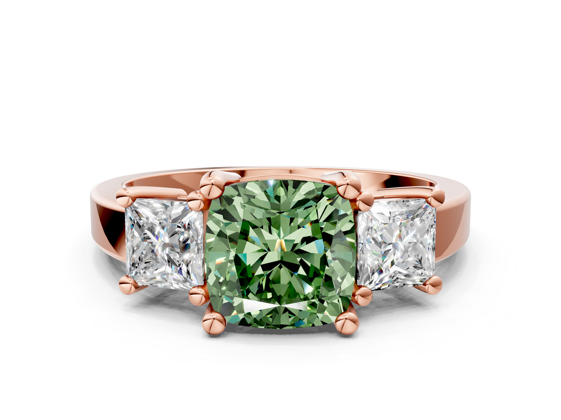 Rose gold Three-Stone Fancy Green Cushion  Cut Solitaire Ring with Prong Setting_3