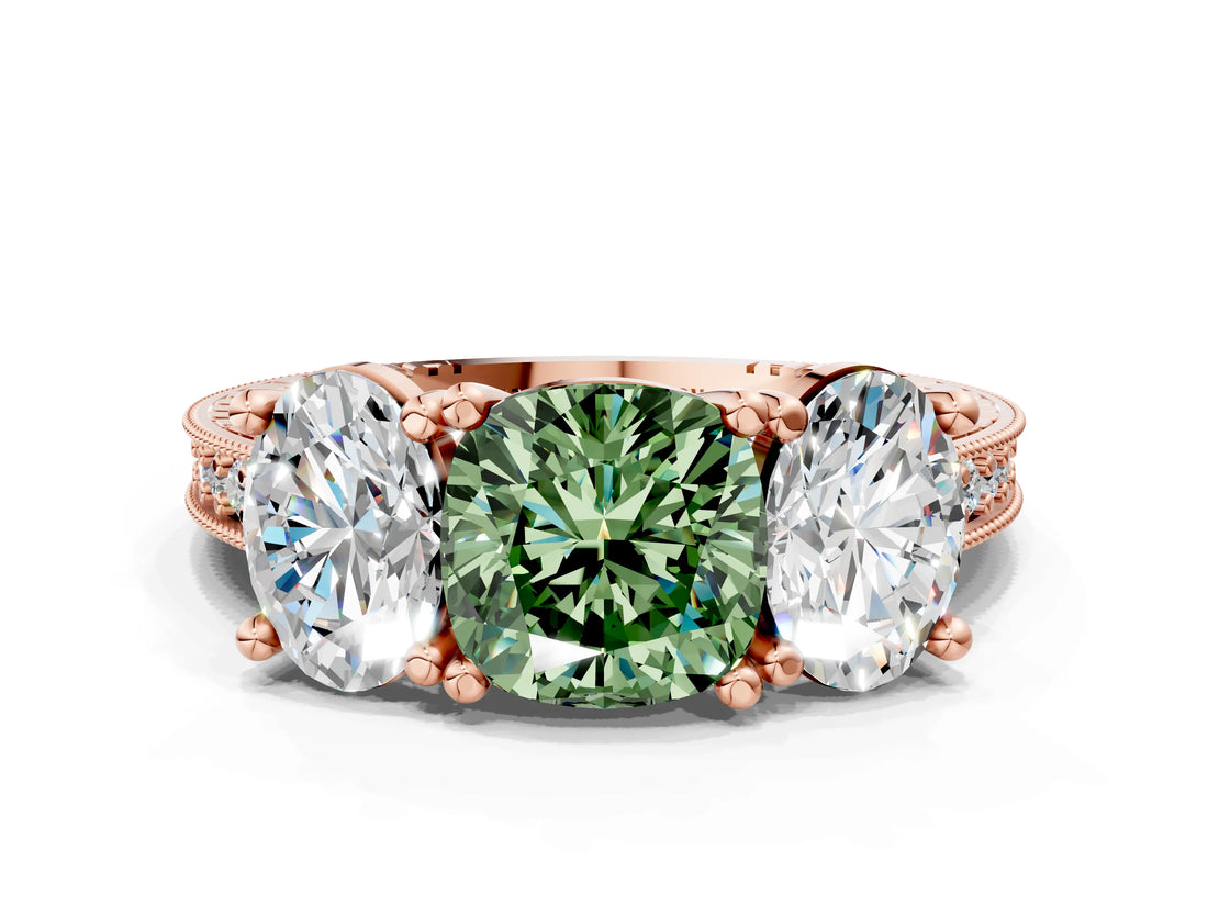 Rose gold Three-Stone Fancy Green Cushion  Diamond Milgrain Pave Band with Prong Setting