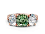 Rose gold Three-Stone Fancy Green Cushion  Diamond Milgrain Pave Band with Prong Setting