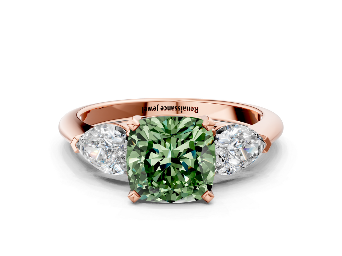 Rose gold Three-Stone Fancy Green Cushion  Diamond Ring with Pear Side Stones in Four-Prong Setting_45
