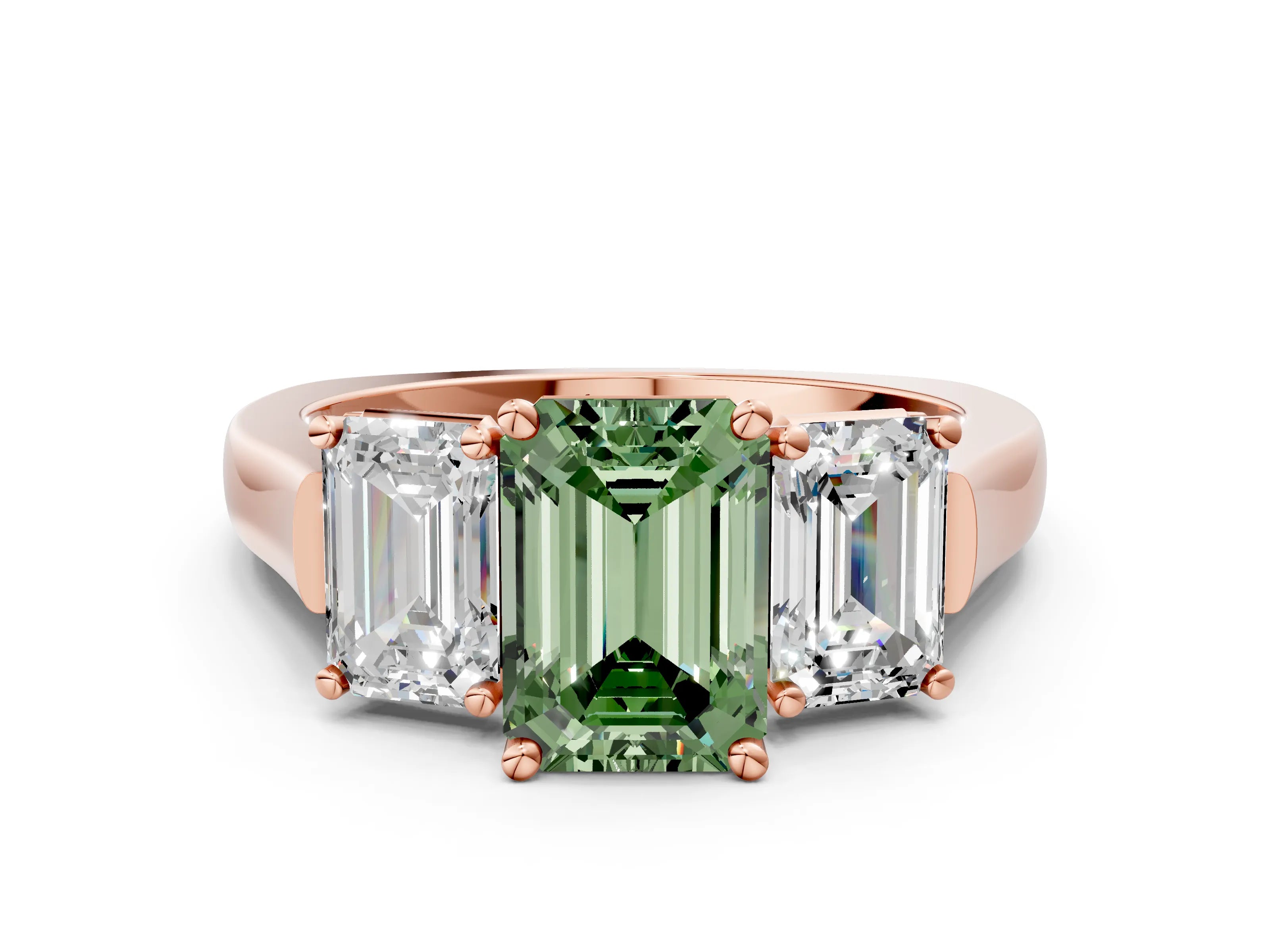 Rose gold Three-Stone Fancy Green Emerald Cut Brilliant Diamond Trellis Ring with Comfort Fit Band