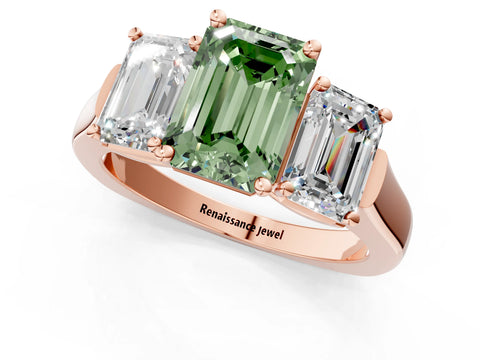 Rose gold Three-Stone Fancy Green Emerald Cut Brilliant Diamond Trellis Ring with Comfort Fit Band_1