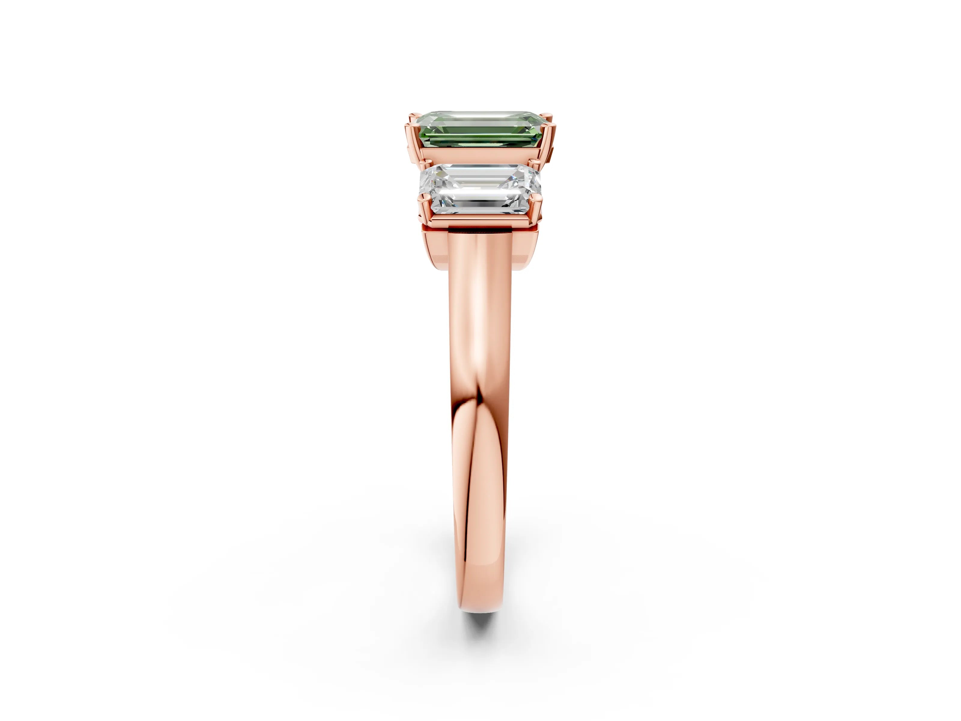 Rose gold Three-Stone Fancy Green Emerald Cut Brilliant Diamond Trellis Ring with Comfort Fit Band_2