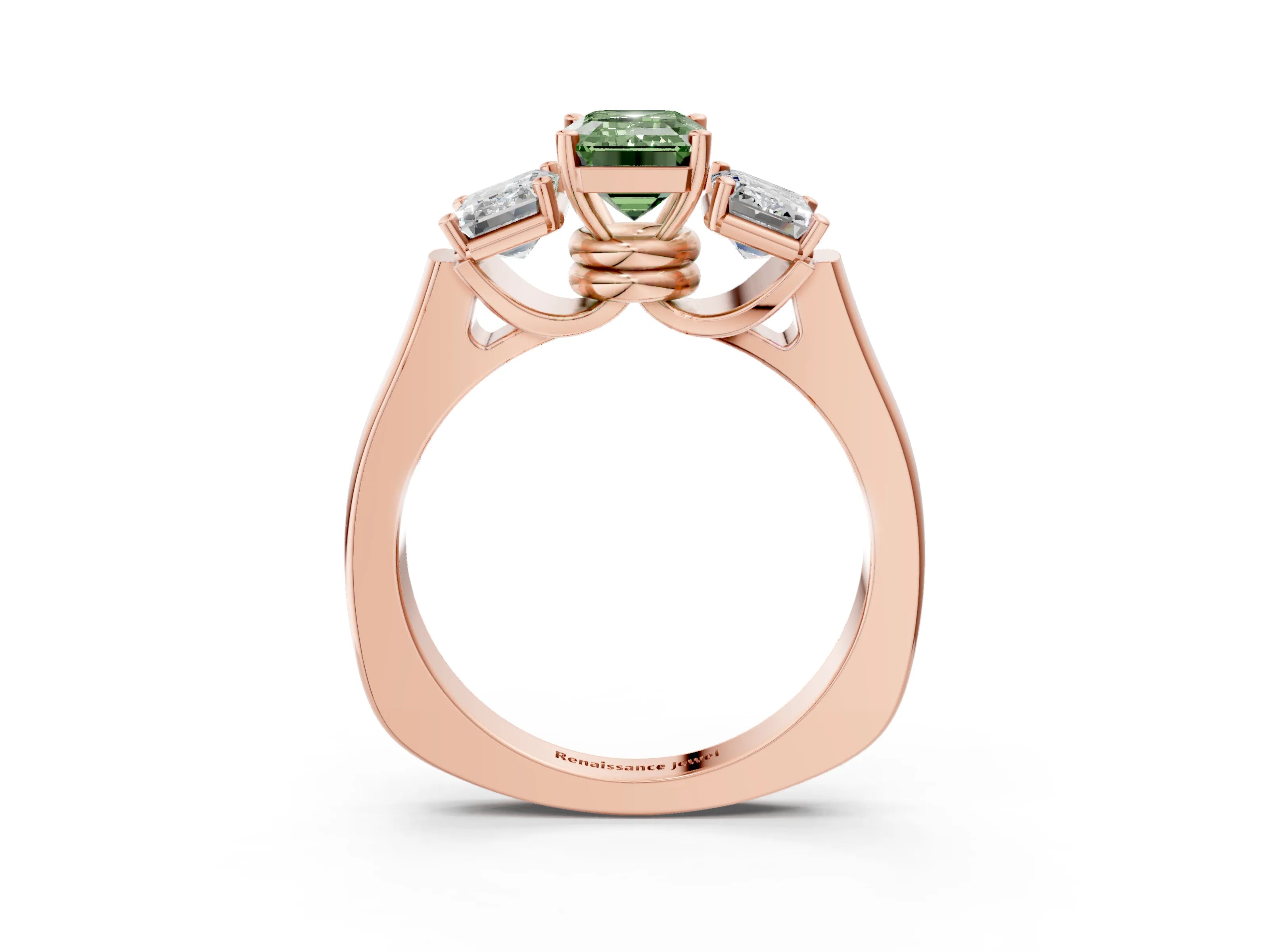 Rose gold Three-Stone Fancy Green Emerald Cut Brilliant Diamond Trellis Ring with Comfort Fit Band_3