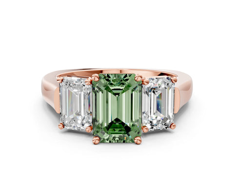 Rose gold Three-Stone Fancy Green Emerald Cut Brilliant Diamond Trellis Ring with Comfort Fit Band