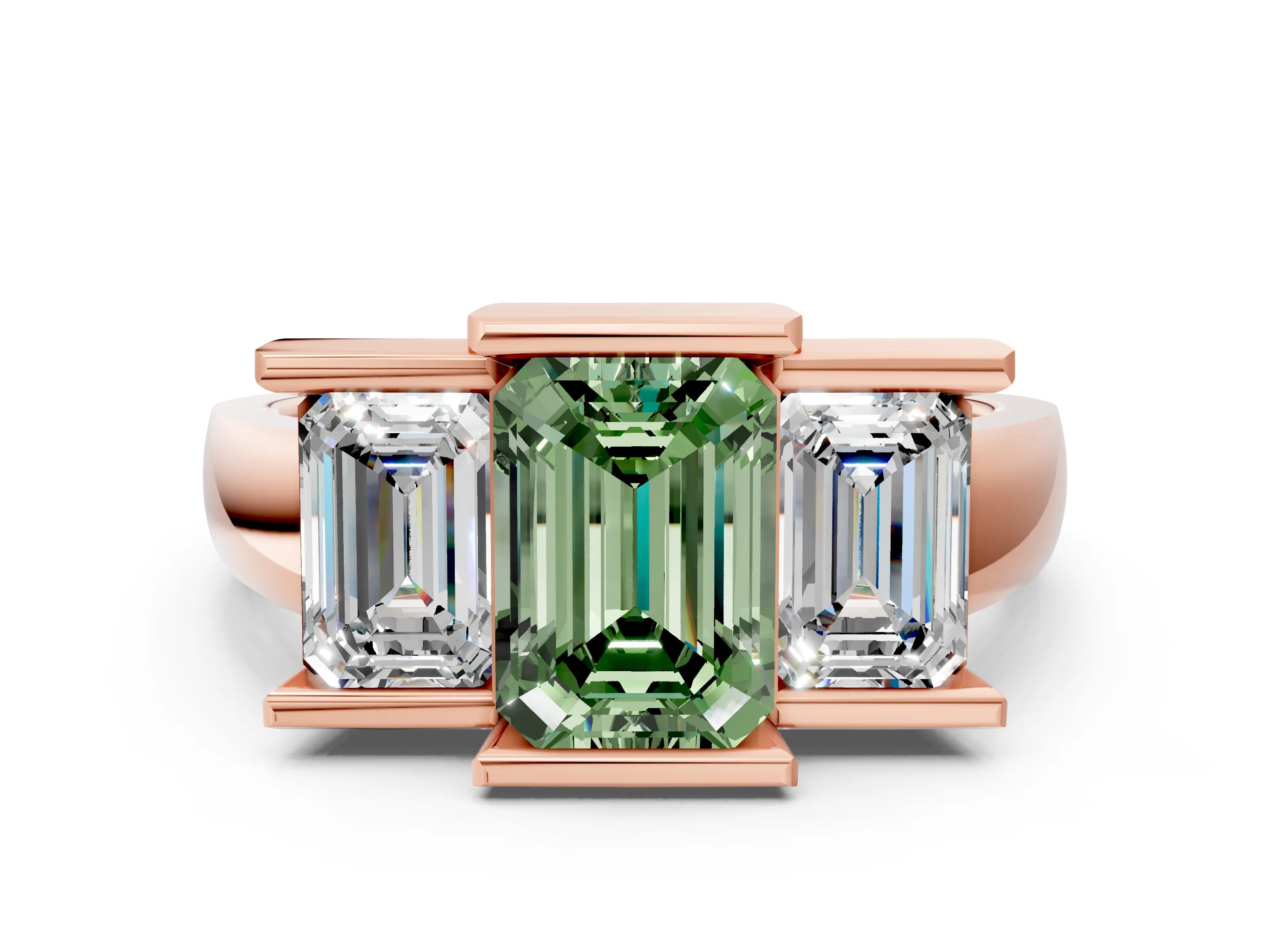 Rose gold Three Stone Fancy Green Emerald Cut Cut Channel Set Diamond Ring