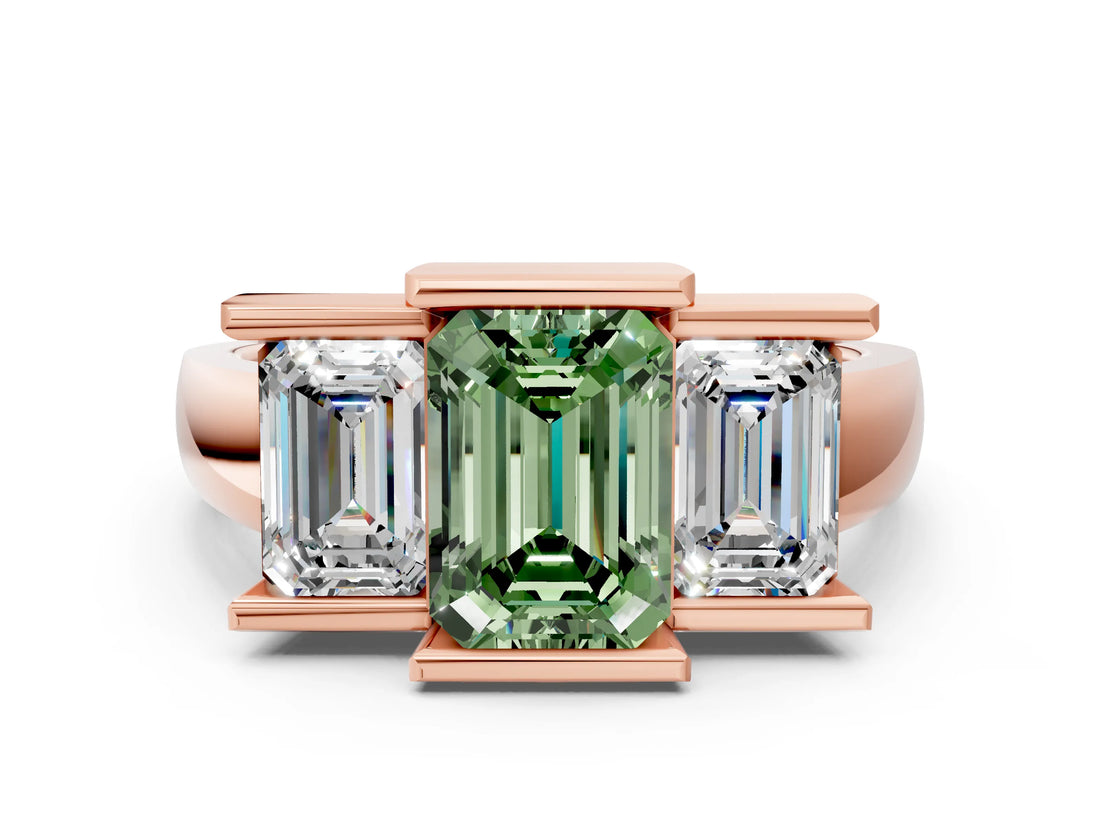 Rose gold Three Stone Fancy Green Emerald Cut Cut Channel Set Diamond Ring