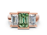 Rose gold Three Stone Fancy Green Emerald Cut Cut Channel Set Diamond Ring