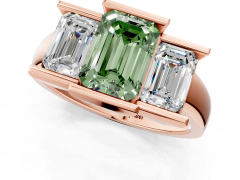 Rose gold Three Stone Fancy Green Emerald Cut Cut Channel Set Diamond Ring_1