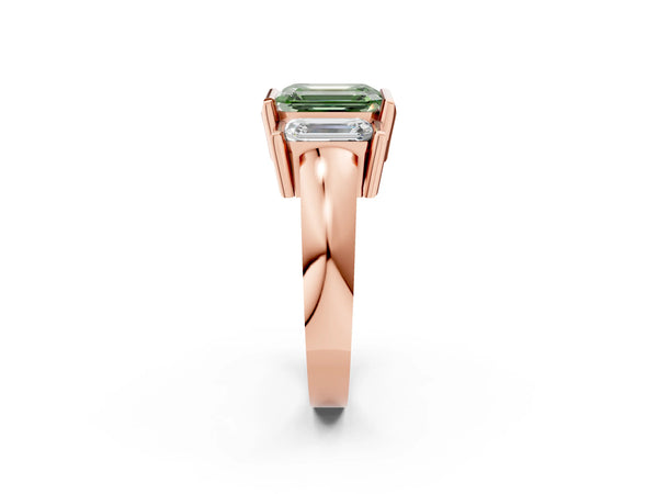 Rose Gold Emerald Cut Channel Set Three Stone Engagement Ring Setting for Fancy Green Center