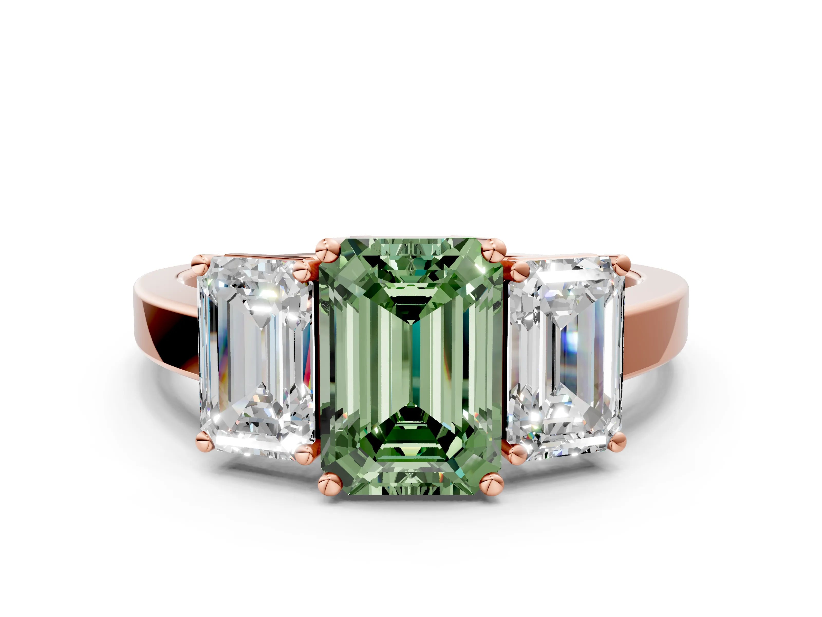 Rose gold Three-Stone Fancy Green Emerald Cut Cut Diamond Engagement Ring with Flat Band and Four-Prong Setting_12