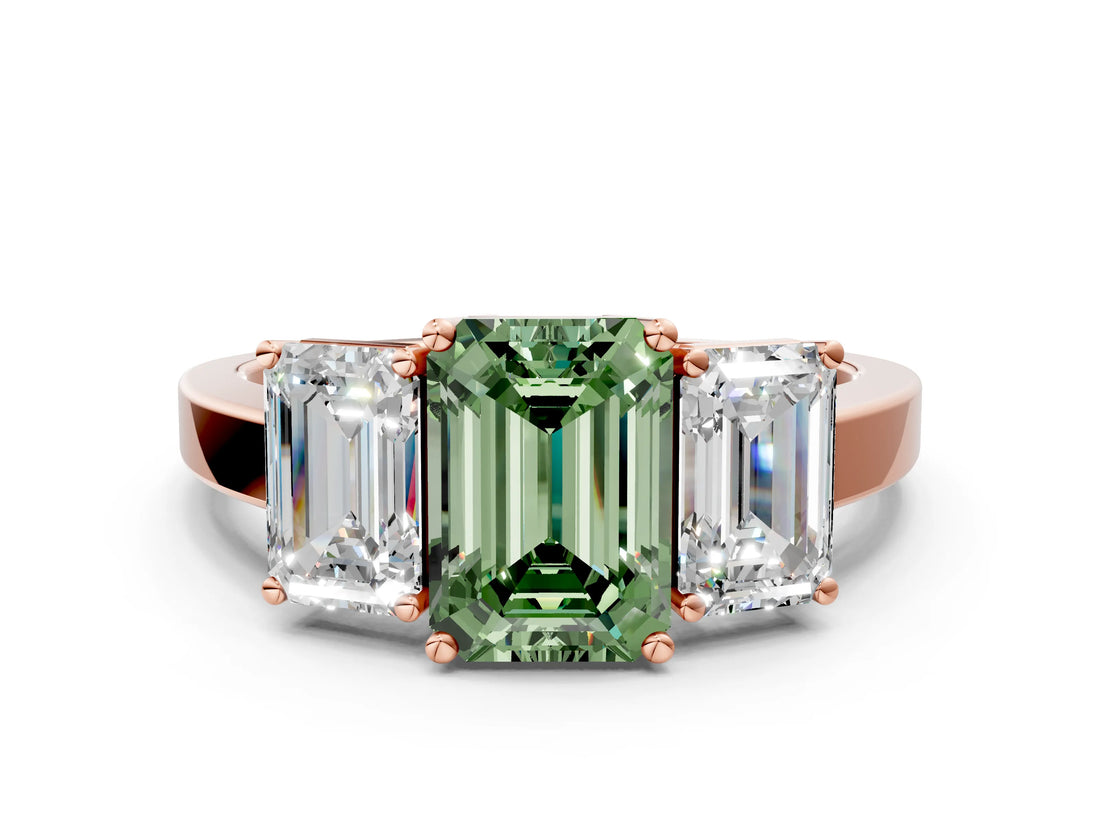Rose gold Three-Stone Fancy Green Emerald Cut Cut Diamond Engagement Ring with Flat Band and Four-Prong Setting_12