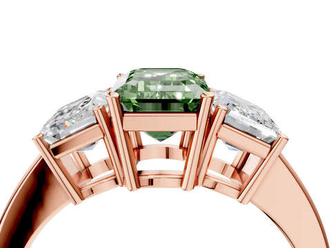 Rose gold Three-Stone Fancy Green Emerald Cut Cut Diamond Engagement Ring with Flat Band and Four-Prong Setting_4