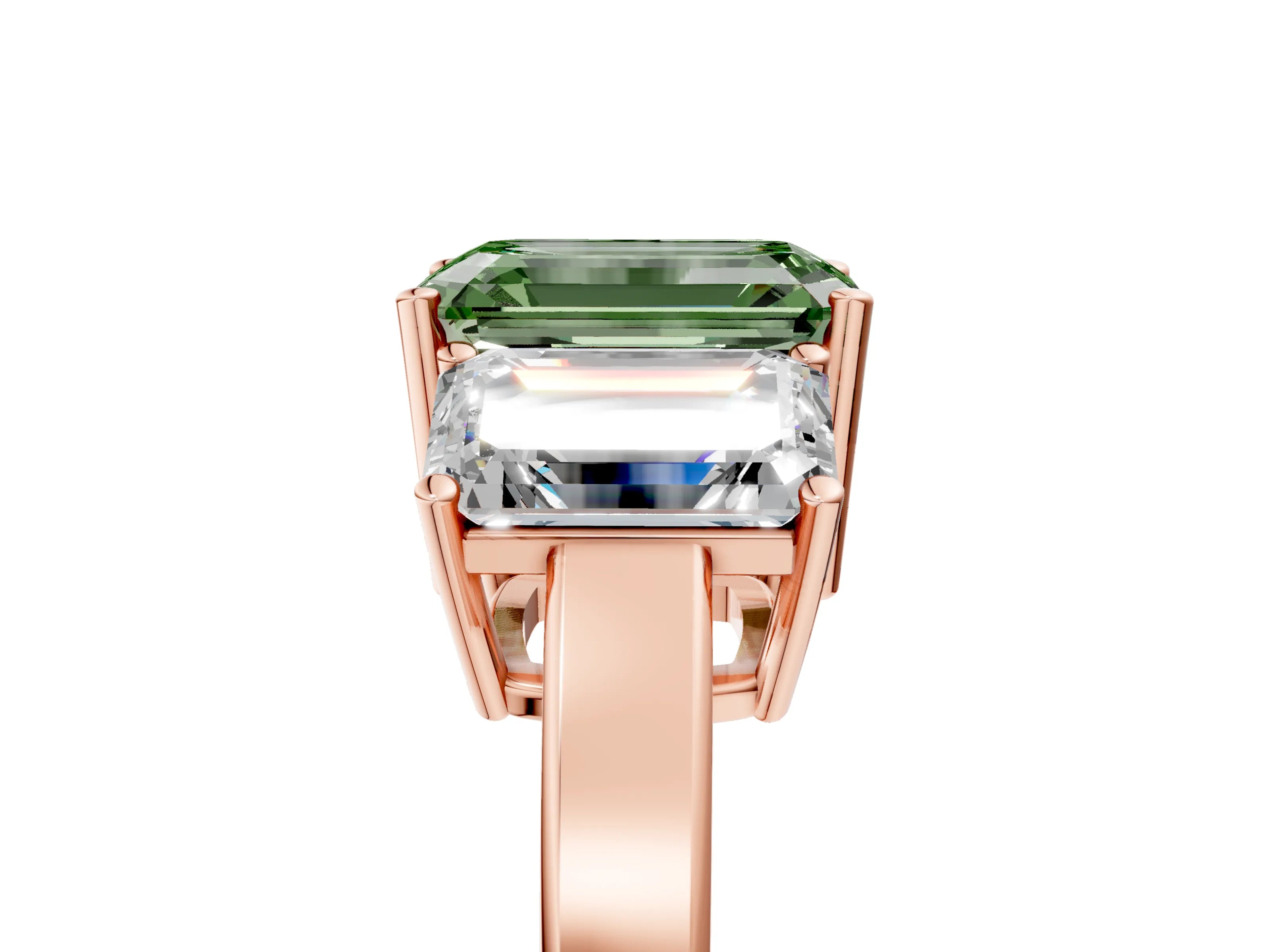 Rose gold Three-Stone Fancy Green Emerald Cut Cut Diamond Engagement Ring with Flat Band and Four-Prong Setting_5