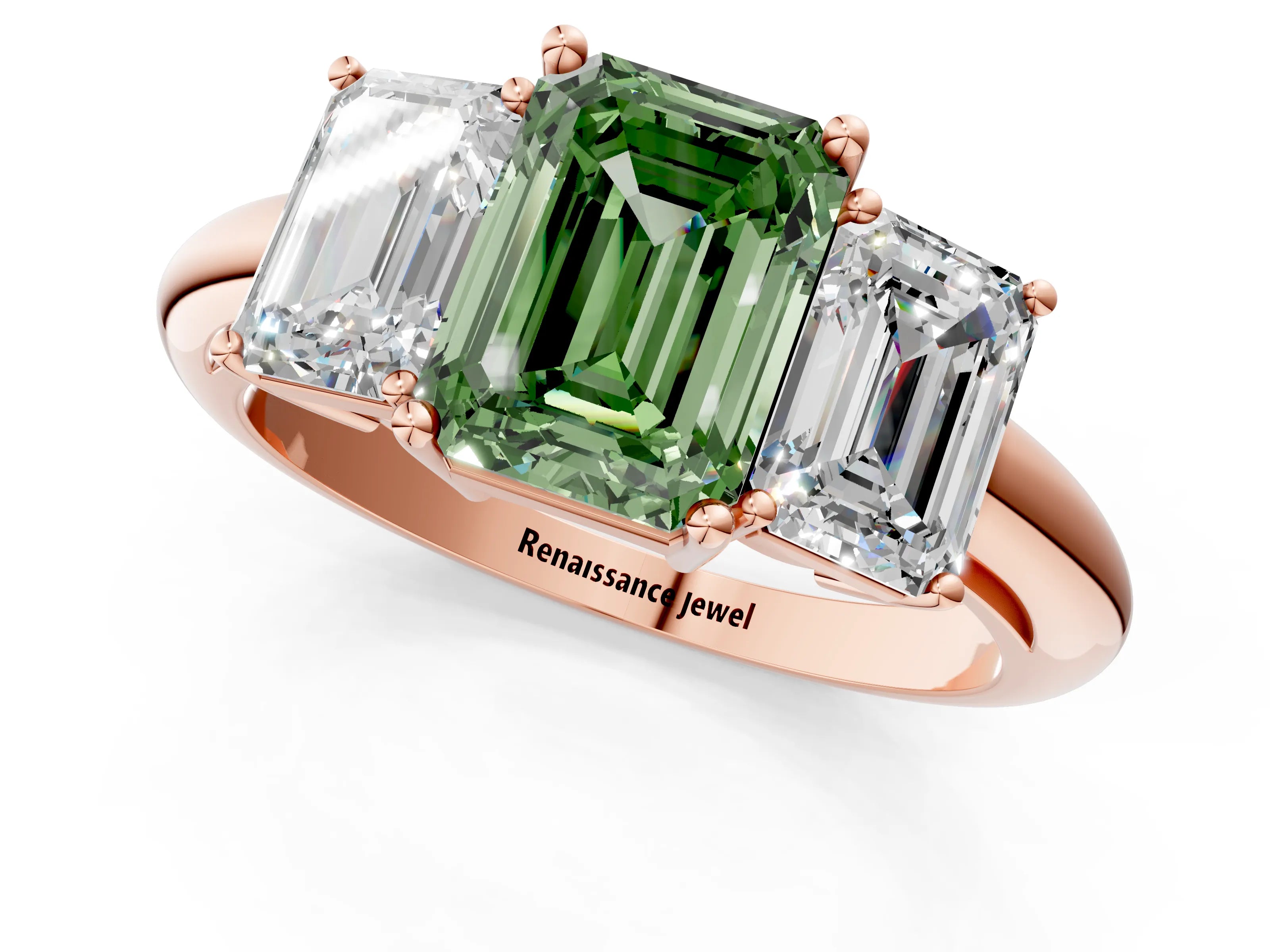Rose gold Three-Stone Fancy Green Emerald Cut Cut Diamond Engagement Ring with Prong Setting on a White Gold Band_1
