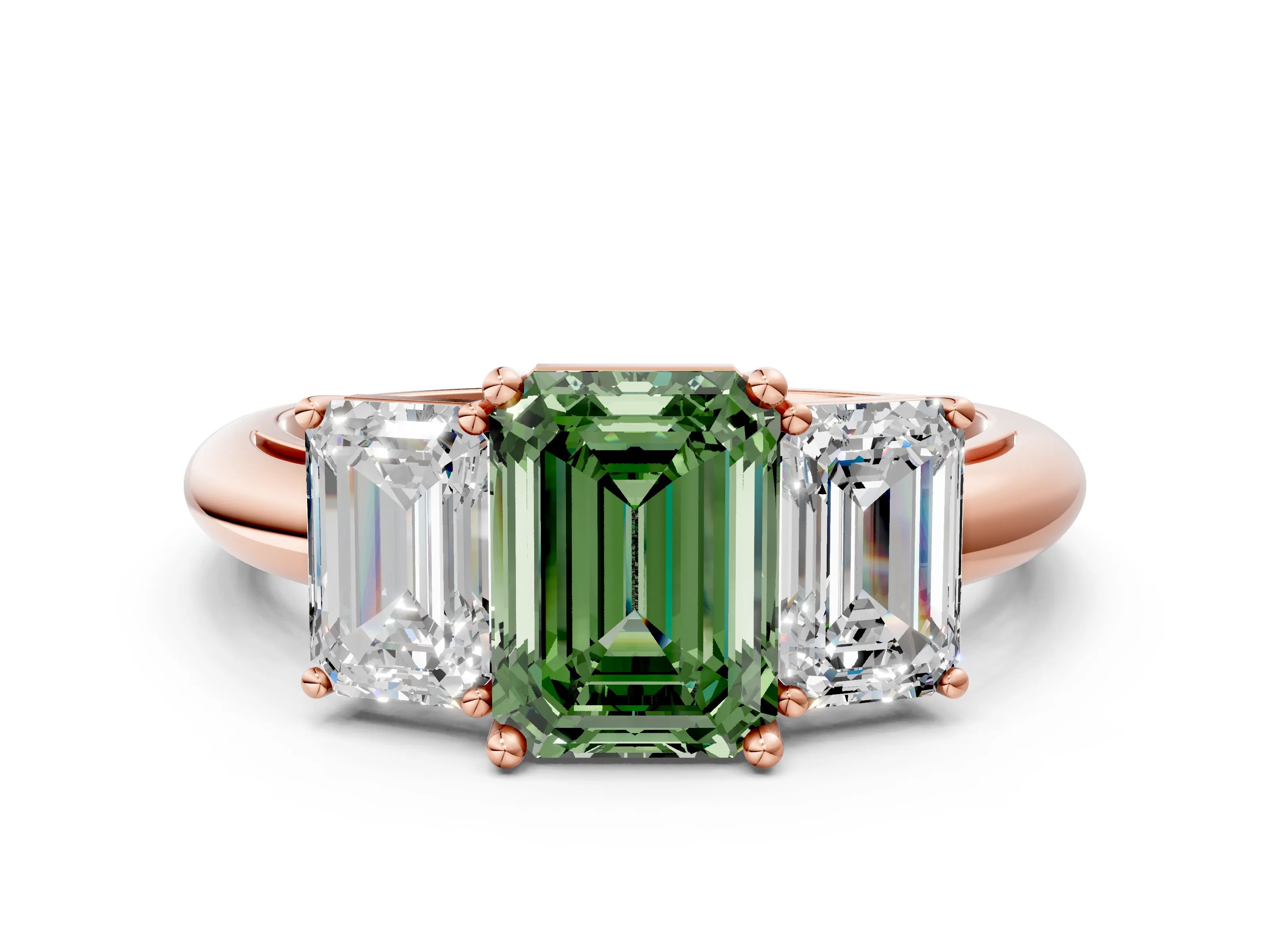 Rose gold Three-Stone Fancy Green Emerald Cut Cut Diamond Engagement Ring with Prong Setting on a White Gold Band_36