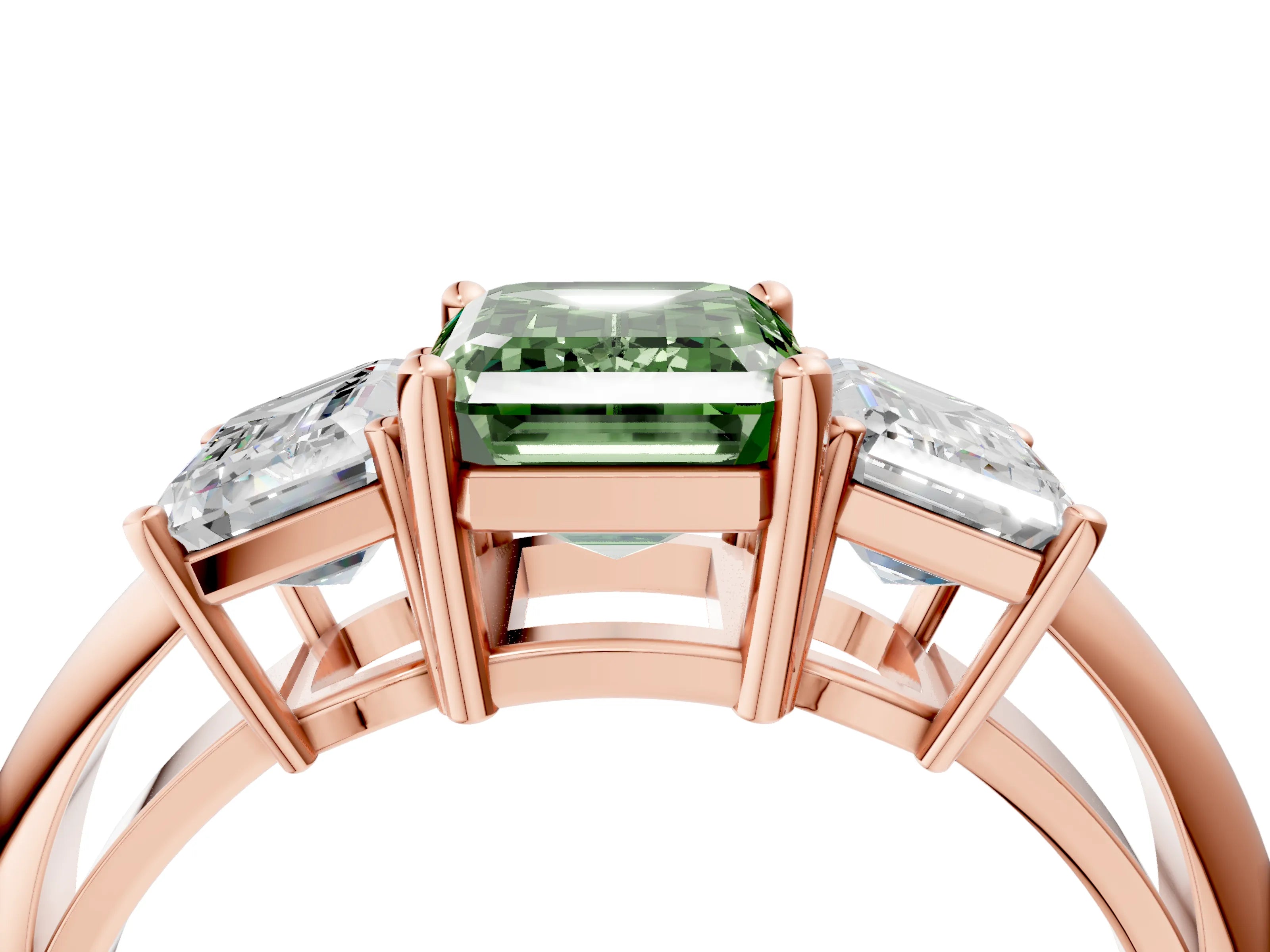 Rose gold Three-Stone Fancy Green Emerald Cut Cut Diamond Engagement Ring with Prong Setting on a White Gold Band_4
