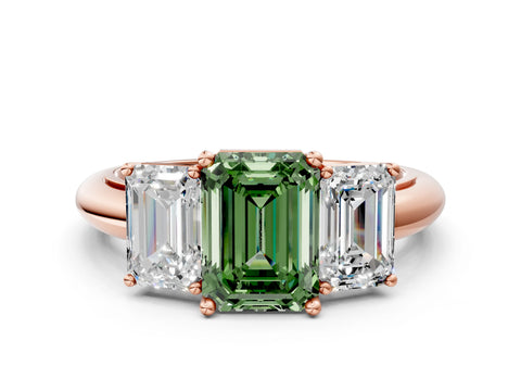 Rose gold Three-Stone Fancy Green Emerald Cut Cut Diamond Engagement Ring with Prong Setting on a White Gold Band